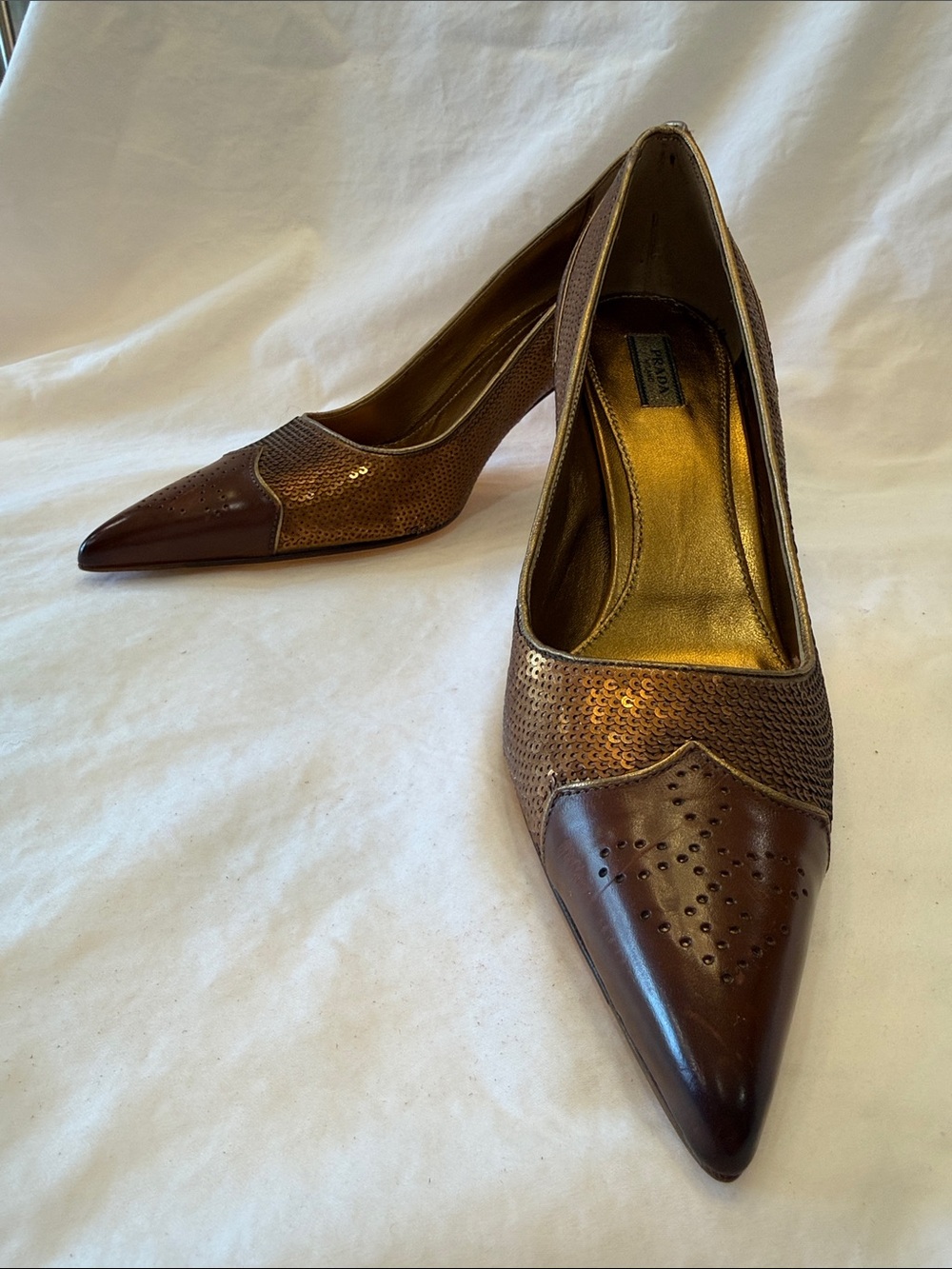 Prada Classic Pointed Toe Women's Pumps in Brown and Bronze